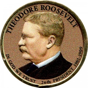 1 доллар 2013 США, 26-й президент США Теодор Рузвельт, цветной, 1 доллар серии Президентские доллары США, цена, стоимость