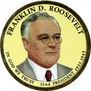1 доллар 2014 США, 32-й президент Франклин Делано Рузвельт, цветной цена, 1 доллар серии Президентские доллары США,  стоимость