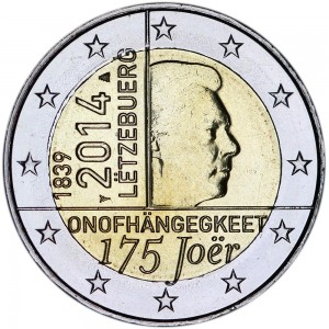 2 евро 2014 Люксембург 175 лет независимости Великого Герцогства цена, стоимость