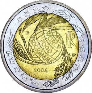 2 euro 2004, Italy, World Food Programme price, composition, diameter, thickness, mintage, orientation, video, authenticity, weight, Description
