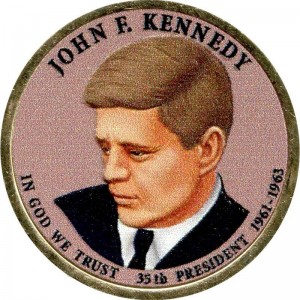 1 доллар 2015 США, 35-й президент Джон Ф. Кеннеди (цветная) цена, 1 доллар серии Президентские доллары США,  стоимость