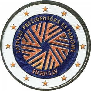 2 евро 2015 Латвия, Председательство Латвии в Совете ЕС (цветная) цена, стоимость
