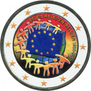 2 евро 2015 Бельгия, 30 лет флагу ЕС (цветная) цена, стоимость