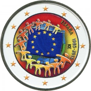 2 евро 2015 Испания, 30 лет флагу ЕС (цветная) цена, стоимость