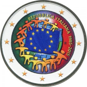 2 евро 2015 Италия, 30 лет флагу ЕС (цветная) цена, стоимость