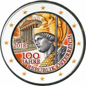 2 евро 2018 Австрия, 100 лет Австрийской республике (цветная) цена, стоимость