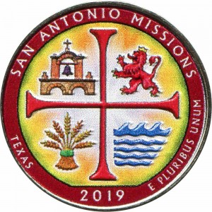 25 центов 2019 США Миссии Сан-Антонио (San Antonio Missions), 49-й парк (цветная) цена, стоимость
