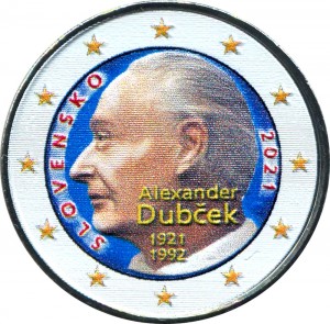 2 евро 2021 Словакия, 100 лет со дня рождения Александра Дубчека (цветная) цена, стоимость