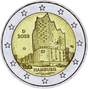 2 евро 2023 Германия Гамбург, Эльбская филармония двор G цена, стоимость