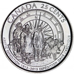 25 центов 2013 Канада, 100 лет Канадской арктической экспедиции цена, стоимость