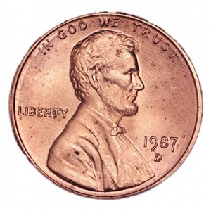 1 цент 1987 США Линкольн, двор D