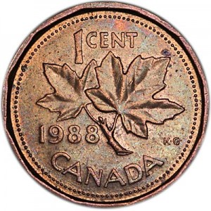 1 цент 1988 Канада, из обращения цена, стоимость