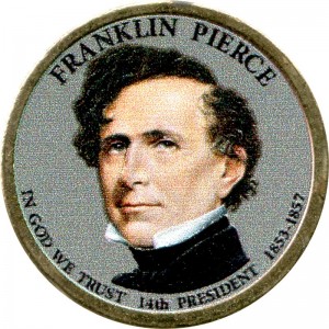 1 доллар 2010 США, 14-й президент Франклин Пирс цветной, 1 доллар серии Президентские доллары США, цена, стоимость