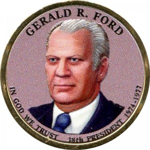 1 доллар 2016 США, 38-й президент Джеральд Форд (цветная) цена, 1 доллар серии Президентские доллары США, стоимость