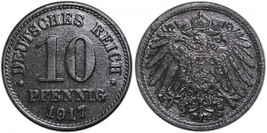 10 pfennig 1916-1922 Germany zinc from circulation price, composition, diameter, thickness, mintage, orientation, video, authenticity, weight, Description