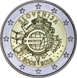 2 euro 2012, 10 years of Euro, Slovenia price, composition, diameter, thickness, mintage, orientation, video, authenticity, weight, Description