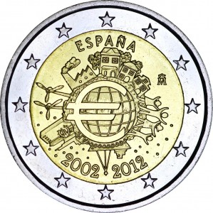 2 euro 2012, 10 years of Euro, Spain  price, composition, diameter, thickness, mintage, orientation, video, authenticity, weight, Description