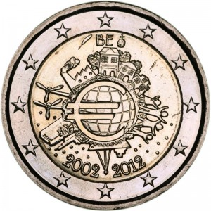 2 евро 2012, 10 лет Евро, Бельгия цена, стоимость