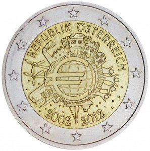 2 euro 2012, 10 years of Euro, Austria  price, composition, diameter, thickness, mintage, orientation, video, authenticity, weight, Description