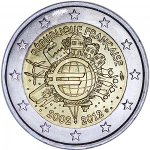 2 euro 2012, 10 years of Euro, France  price, composition, diameter, thickness, mintage, orientation, video, authenticity, weight, Description