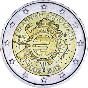 2 euro 2012, 10 years of Euro, Greece price, composition, diameter, thickness, mintage, orientation, video, authenticity, weight, Description