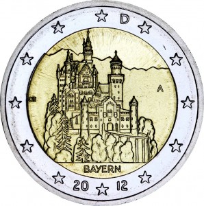 2 евро 2012 Германия, Бавария, Замок Нойшванштайн, серия "Федеральные земли Германии", A цена, стоимость