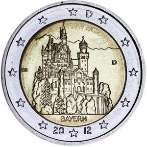 2 euro 2012 Germany, Bavaria, Neuschwanstein Castle, D price, composition, diameter, thickness, mintage, orientation, video, authenticity, weight, Description
