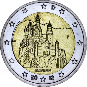 2 евро 2012 Германия, Бавария, Замок Нойшванштайн, серия "Федеральные земли Германии", F цена, стоимость