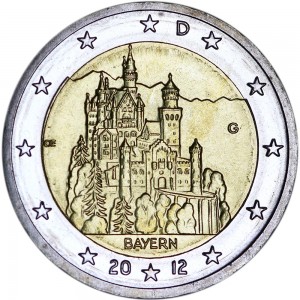 2 евро 2012 Германия, Бавария, Замок Нойшванштайн, серия "Федеральные земли Германии", G цена, стоимость