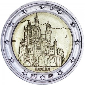 2 евро 2012 Германия, Бавария, Замок Нойшванштайн, серия "Федеральные земли Германии", J цена, стоимость