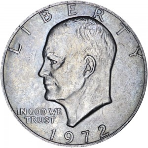 1 dollar 1972 USA Eisenhower, mint mark P price, composition, diameter, thickness, mintage, orientation, video, authenticity, weight, Description