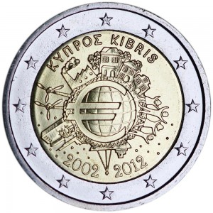2 euro 2012, 10 years of Euro, Cyprus  price, composition, diameter, thickness, mintage, orientation, video, authenticity, weight, Description