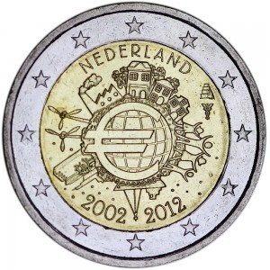 2 euro 2012, 10 years of Euro, Netherlands  price, composition, diameter, thickness, mintage, orientation, video, authenticity, weight, Description