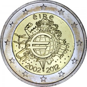 2 euro 2012, 10 years of Euro, Ireland  price, composition, diameter, thickness, mintage, orientation, video, authenticity, weight, Description