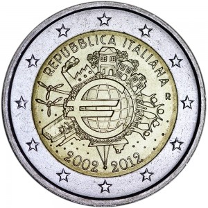 2 euro 2012, 10 years of Euro, Italy  price, composition, diameter, thickness, mintage, orientation, video, authenticity, weight, Description