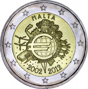 2 euro 2012, 10 years of Euro, Malta price, composition, diameter, thickness, mintage, orientation, video, authenticity, weight, Description