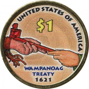 1 dollar 2011 USA Native American Sacagawea, Wampanoag Treaty, colorized price, composition, diameter, thickness, mintage, orientation, video, authenticity, weight, Description