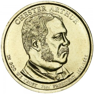 1 доллар 2012 США, 21-й президент Честер Артур, двор P цена, 1 доллар серии Президентские доллары США, стоимость