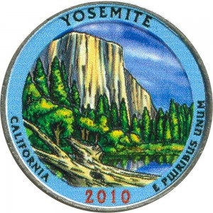25 центов 2010 США Йосемити (Yosemite) 3-й парк, цветная цена, стоимость