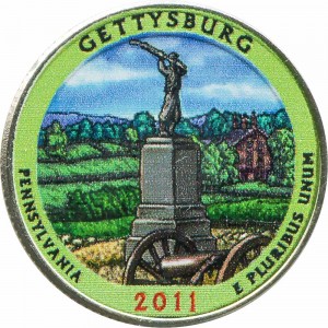 Quarter Dollar 2011 USA "Gettysburg" 6th National Park, colorized price, composition, diameter, thickness, mintage, orientation, video, authenticity, weight, Description