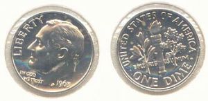 10 центов 1963 США Рузвельт, пруф,  цена, стоимость
