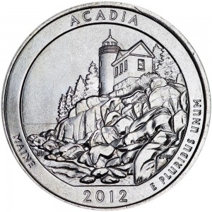 Quarter Dollar 2012 USA "Acadia" 13th National Park mint mark P price, composition, diameter, thickness, mintage, orientation, video, authenticity, weight, Description