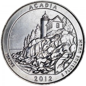 Quarter Dollar 2012 USA "Acadia" 13th National Park mint mark D price, composition, diameter, thickness, mintage, orientation, video, authenticity, weight, Description