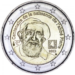 2 евро 2012, Франция 100 лет со дня рождения аббата Пьера цена, стоимость