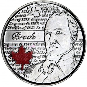 25 центов 2012 Канада, Сэр Айзек Брок цветная цена, стоимость