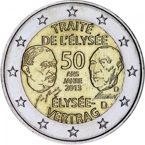 2 euro 2013 Germany  Elysée Treaty, mint mark D price, composition, diameter, thickness, mintage, orientation, video, authenticity, weight, Description