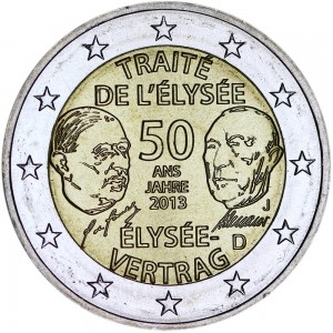 2 euro 2013 Germany  Elysée Treaty, mint mark J price, composition, diameter, thickness, mintage, orientation, video, authenticity, weight, Description