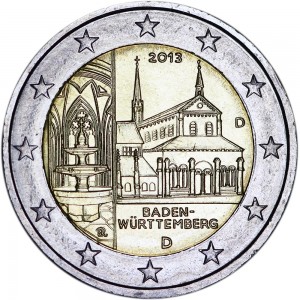 2 euro 2013 Germany Baden-Württemberg, Maulbronn Monastery, mint mark D price, composition, diameter, thickness, mintage, orientation, video, authenticity, weight, Description