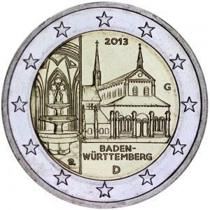 2 euro 2013 Germany Baden-Württemberg, Maulbronn Monastery, mint mark G price, composition, diameter, thickness, mintage, orientation, video, authenticity, weight, Description