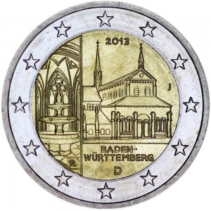 2 euro 2013 Germany Baden-Württemberg, Maulbronn Monastery, mint mark J price, composition, diameter, thickness, mintage, orientation, video, authenticity, weight, Description